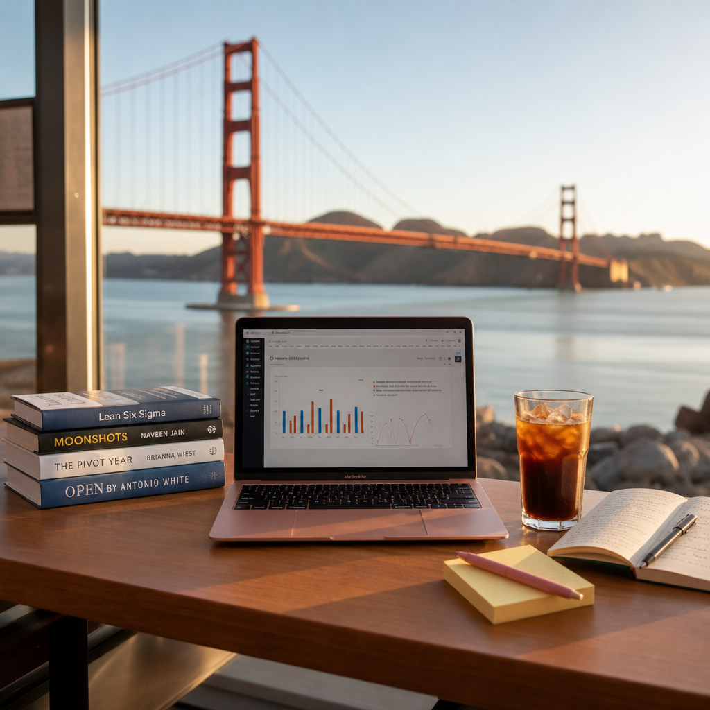 Desk with books, laptop, coffee, and notebook overlooking the Golden Gate Bridge